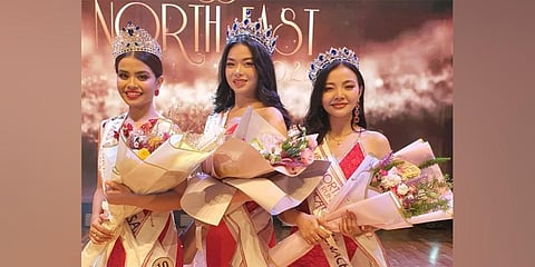 L-R: Eshanee Hatimuria from Assam, Irene Dkhar from Meghalaya, and Dyna Jomo from Arunachal Pradesh were the three winners of Miss Northeast 2022. (Photo | Twitter)