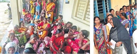 Voters wait to cast their vote by sitting on the floor while officials try to fix a technical problem in the EVMs used in Chinnakonduru village of Munugode mandal on Thursday, and right, women wait in