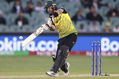 Australia’s Glen Maxwell plays a shot during the ICC Twenty20 World Cup match against Afghanistan in Adelaide. (Photo | AP)