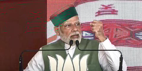 Prime Minister Narendra Modi speaks during a public meeting ahead of the Himachal Pradesh Assembly elections, at Sundar Nagar in Mandi district, Nov. 5, 2022. (Photo | PTI)