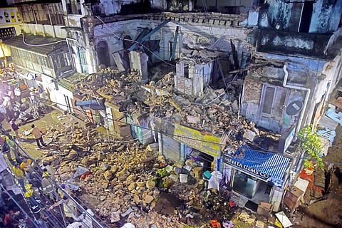 Building collapses at Mint street in Sowcarpet, kills a 61-year-old woman, and injures three. (Photo | Martin Louis, EPS)