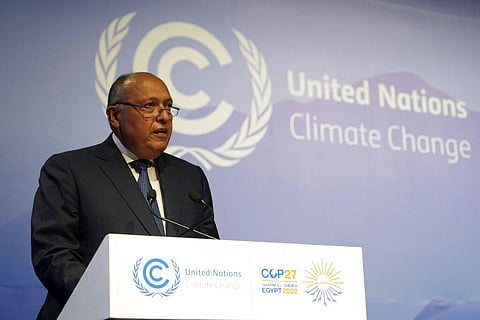 Sameh Shoukry, president of the COP27 climate summit, speaks at the COP27 U.N. Climate Summit, Sunday, Nov. 6, 2022, in Sharm el-Sheikh, Egypt. (Photo | AP)