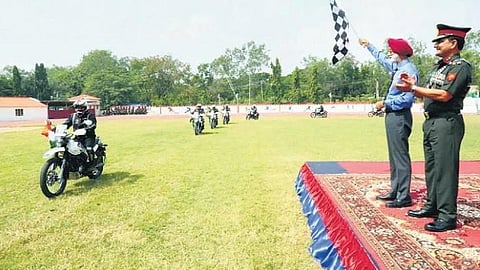 Lieutenant General BS Pawar (retd) flags off the Dakshin Bharat Motorcycle Expedition at Artillery Centre in Hyderabad