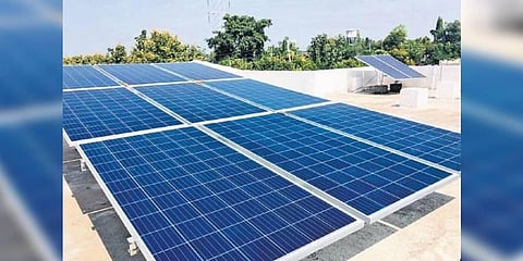 A solar panel placed on the terrace of the Mukra K gram panchayat building