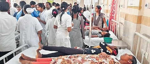 Students of Narayankhed KGBV hostel undergo treatment at the Narayankhed government hospital for suspected food poisoning on Saturday