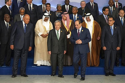Egyptian President Abdel Fattah El-Sisi, center right, and UN Secretary-General Antonio Guterres, center left, at the COP27 U.N. Climate Summit, in Sharm el-Sheikh, Nov. 7, 2022. (Photo | AP)
