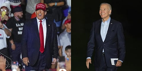 US President Joe Biden, (R), and former President Donald Trump on the final day of campaigning ahead of the midterm elections. (Photo | AP)
