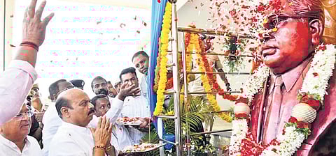 CM Basavaraj Bommai pays homage to Dr Babasaheb Ambedkar during the inauguration of Bhagwan Buddha and Babasaheb Ambedkar lake park at Byatarayanapura in Bengaluru on Sunday | EXPRESS