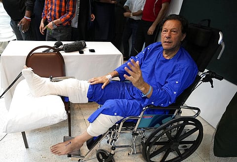 Imran Khan speaks during a news conference in Lahore’s Shaukat Khanum hospital, where he was treated for gunshot wounds from the assassination bid, Nov. 4, 2022.  (Photo | AP)