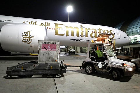 A shipment is offloaded from an Emirates Airlines Boing 777 at the Dubai International Airport in Dubai, United Arab Emirates. (File Photo | AP)