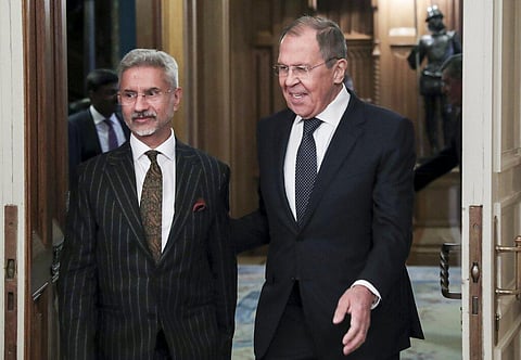 External Affairs Minister S Jaishankar and Russia’s Foreign Minister Sergey Lavrov enter a hall for their talks in Moscow, Nov. 8, 2022. (Photo | AP)