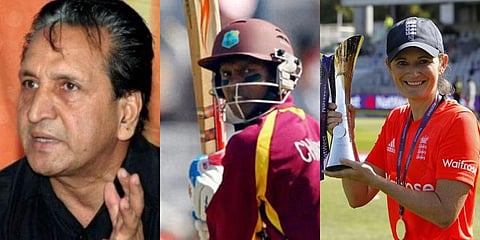 Pakistan spinner Abdul Qadir, West Indies batting legend Shivnarine Chanderpaul and England's Women's World Cup-winning captain Charlotte Edwards (Photo | AFP, PTI)