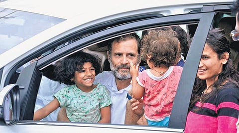 And the Yatra continues...In Karnataka, Congress MP Rahul Gandhi interacts with children during the Bharat Jodo Yatra which has now entered Maharashtra. (File Photo | EPS)