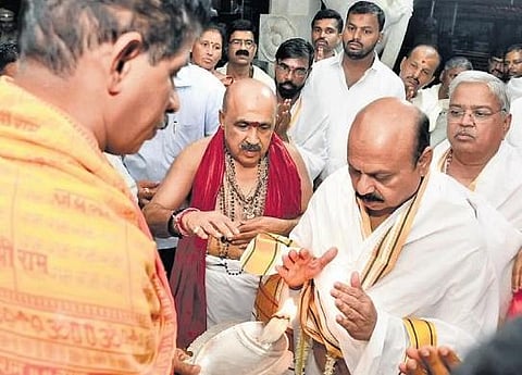 Chief Minister Basavaraj Bommai offers prayers at the famous Sri Mookambika Temple at Kollur on Monday  | Express