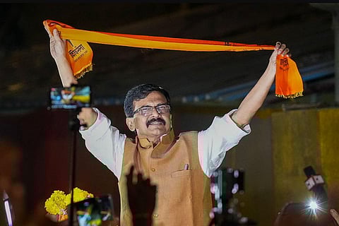 Shiv Sena (Uddhav Balasaheb Thackeray) leader Sanjay Raut being welcomed by supporters following his release from Arthur Road Jail, in Mumbai. (Photo | PTI)
