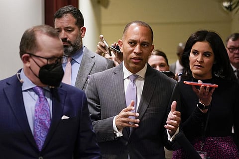 Rep. Hakeem Jeffries, D-N.Y., talks with reporters on Capitol Hill in Washington, on Nov. 17, 2022. (Photo | AP)