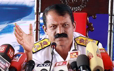 Southern Naval Command Chief Vice Admiral M A Hampiholi interacting with reporters on board INS Tir at Kochi Naval Base on Wednesday. (Photo | T P Sooraj, EPS)  ​