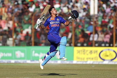 Ishan Kishan celebrates after scoring a double-century during the third ODI match between Bangladesh and India in Chittagong, Dec. 10, 2022. (Photo | AP)