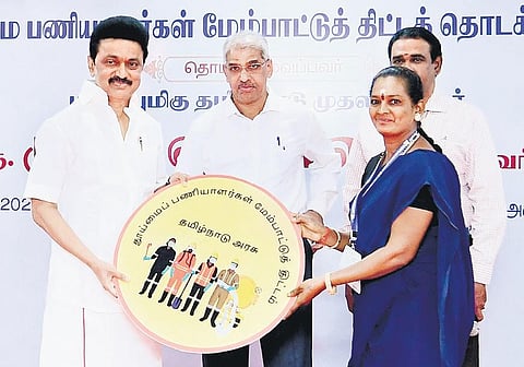 CM MK Stalin inaugurating sanitation workers’ development scheme at Madurai corporation office on Friday | Express
