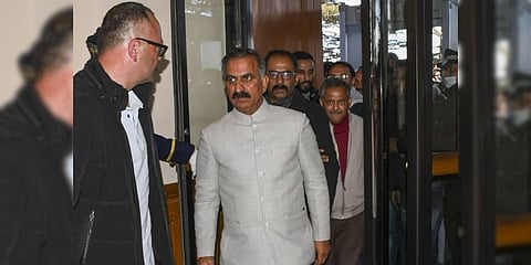 Congress MLA Sukhvinder Singh Sukhu arrives at the party office to attend a meeting, at The Oberoi Cecil in Shimla,  Dec. 10, 2022. (Photo | PTI)