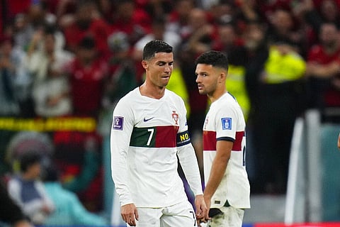 Cristiano Ronaldo, (L), and Goncalo Ramos during the World Cup quarterfinal match between Morocco and Portugal, at Al Thumama Stadium in Doha, Dec. 10, 2022. (Photo | AP)