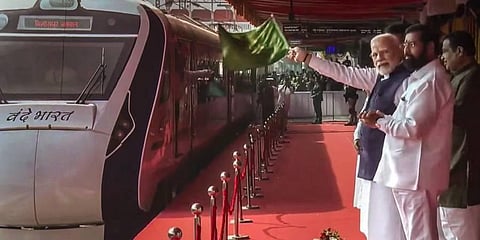 Prime Minister Narendra Modi flags off a new Vande Bharat Express train, at the Nagpur Railway Station. (Photo | PTI)