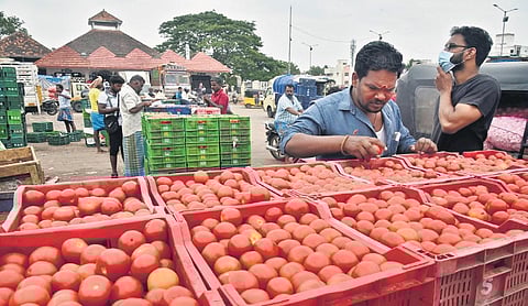 Tomatoes being unloaded at Koyambedu vegetable market.(File Photo | P Jawahar)