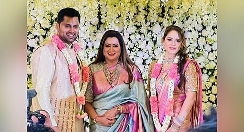 The newly-engaged couple with Abishek Ambareesh’s mother and MP, Sumalatha.