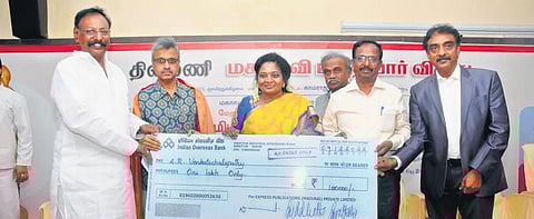 Telangana Guv Tamilisai Soundararajan (3rd from left), Dinamani Editor Vaidiyanathan (1st from left), and AR Venkatachalapathy (2nd from left) during the event | Express