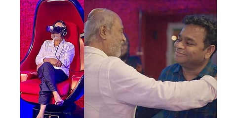 Superstar Rajinikanth embraces music composer AR Rahman after watching the virtual reality film Le Musk. (Screengrab | @instagram)