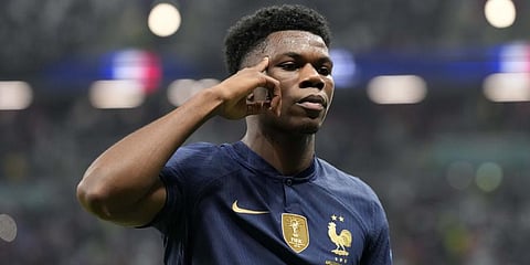 France's Aurelien Tchouameni celebrates after scoring his side's opening goal against England during the World Cup quarterfinal at the Al Bayt Stadium in Al Khor, Dec. 10, 2022. (Photo | AP)