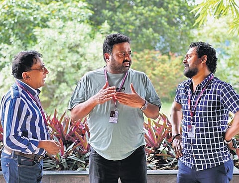 Sri Lankan filmmaker Aruna Jayawarndana (centre) wih actors Mahendra Perera and L K Suran Dasanayak of Maariaya: The Ocean Angel | B P Deepu