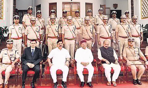 Governor Thaawarchand Gehlot, Chief Minister Basavaraj Bommai, and Home Minister Araga Jnanendra during the President’s Medal Award Investiture Ceremony 2022 at Raj Bhavan in Bengaluru on Sunday | Exp