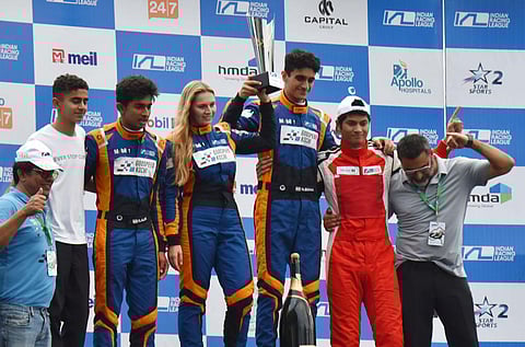 GodSpeed Kochi team members celebrate their win at the Hyderabad  Street Circuit on Sunday. (Photo | Jwala, EPS)