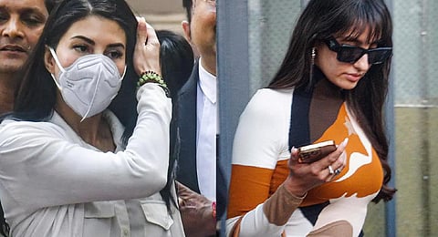 Bollywood actors Jacqueline Fernandez and Nora Fatehi at the Enforcement Directorate office in New Delhi. (Photos | PTI)