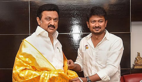 Actor-politician Udhayanidhi Stalin with his father and Tamil Nadu Chief Minister MK Stalin. (File Photo | PTI)
