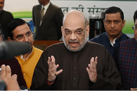 nion Home minister Amit Shah addresses the media  at Parliament House in New Delhi on Tuesday. (Express Photo | Shekhar Yadav)