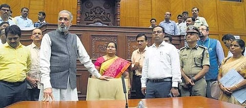 ​  Speaker Vishveshwar Hegde Kageri inspects the arrangements in the Assembly Hall at Suvarna Vidhana Soudha in Belagavi after a review meeting on Monday | Express  ​