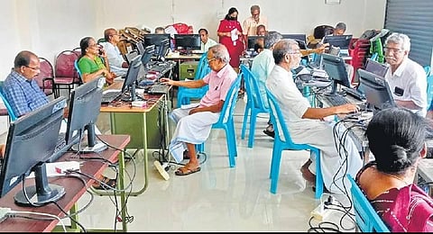 Senior citizens of Amballoor grama panchayat undergoing training in digital technology as part of the Naipunya Nagaram project