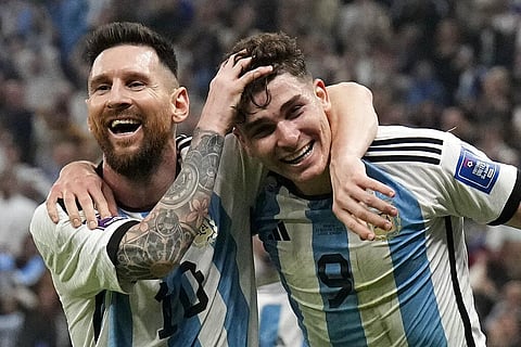 Argentina's Lionel Messi, left, and Argentina's Julian Alvarez celebrate after scoring during the World Cup semifinal soccer match between Argentina and Croatia . (Photo | AP)