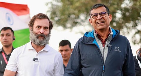Congress leader Rahul Gandhi with former RBI governor Raghuram Rajan during the party's Bharat Jodo Yatra (Photo | PTI)