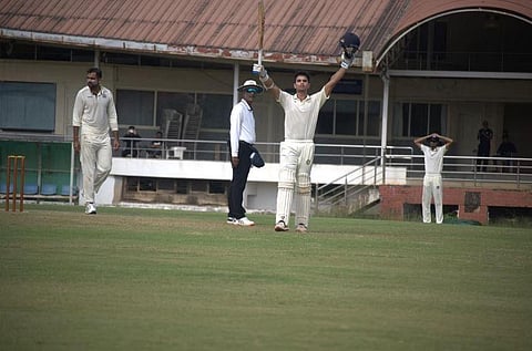 Arjun Tendulkar celebrates his century against Rajasthan on Wednesday. (Photo | EPS)