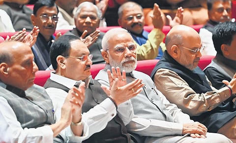 PM Modi with Amit Shah, Rajnath Singh and party president JP Nadda at BJP Parliamentary Party meeting in New Delhi on Wednesday. (Photo | Shekhar yadav, EPS)