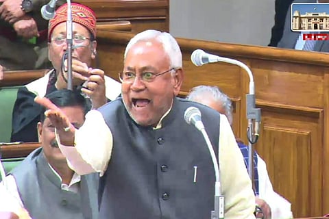 Bihar Chief Minister Nitish Kumar reacts as he responds to the opposition on the Chhapra hooch tragedy in the State Assembly, in Patna. (Photo | PTI)