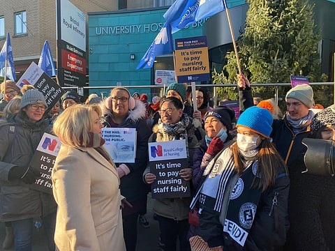 RCN general secretary Pat Cullen with protesting nurses. 'They are the reason this action will continue. They will not be left behind,' she tweeted. (Photo | Twitter)