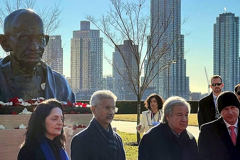 External Affairs Minister S Jaishankar with UN Secretary-General Antonio Guterres and others during the unveiling of Mahatma Gandhi Statue at the United Nations headquarters. (Photo | PTI)