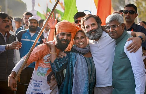 Congress leader Rahul Gandhi with supporters during the party's Bharat Jodo Yatra, in Dausa, Rajasthan. (Photo | PTI)