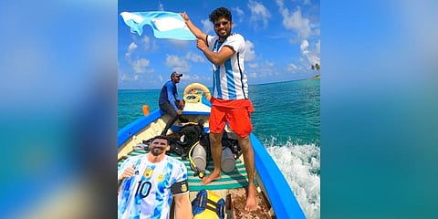 Mohammed Swadikh taking the Messi cut out to the Lakshadweep lagoon ti install it at an underwater location.