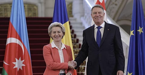 European Commission President Ursula von der Leyen and Romanian President Klaus Iohannis. (Photo | AFP)