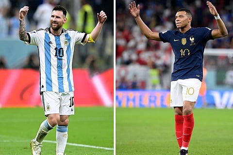 Argentina's forward #10 Lionel Messi and France's forward #10 Kylian Mbappe. (Photo | AFP)